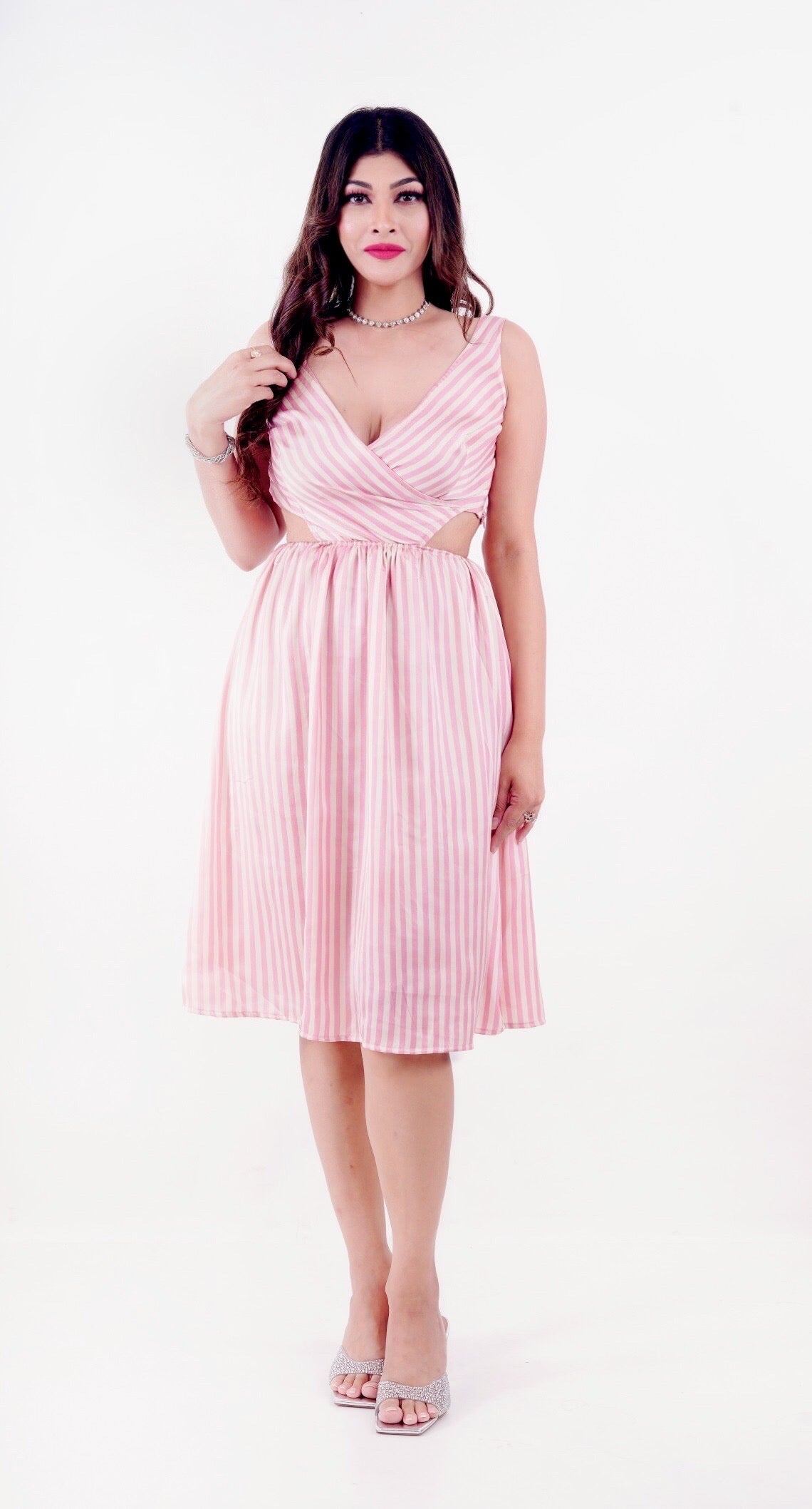 Dolled Up Stripes Plunging Neck Dress