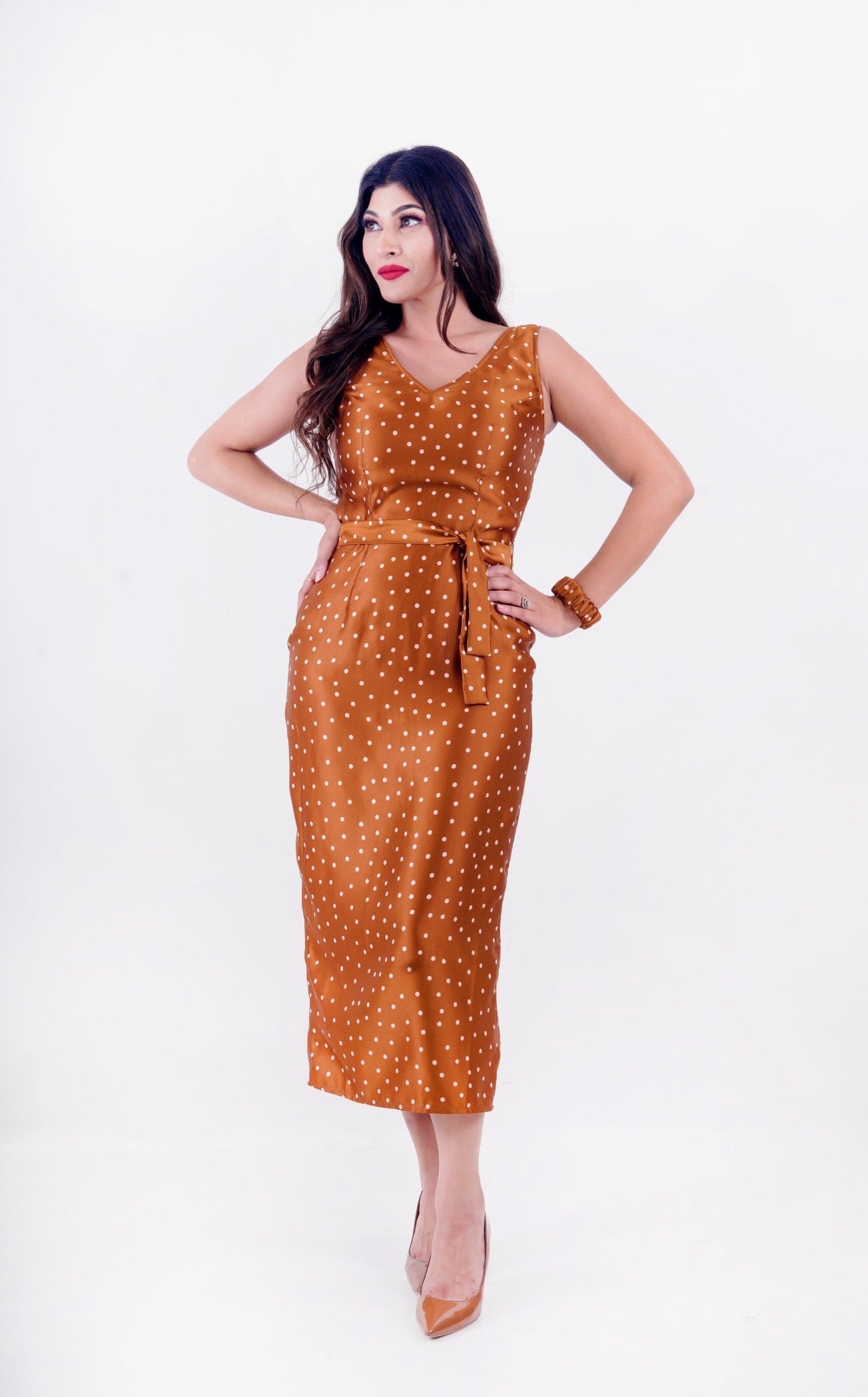 Brown Polka Circus Retro Dress With Belt